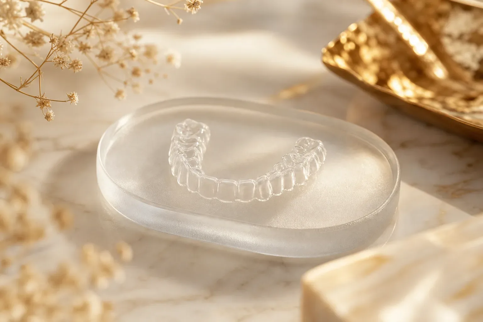 Alinhador transparente Invisalign sobre base de mármore